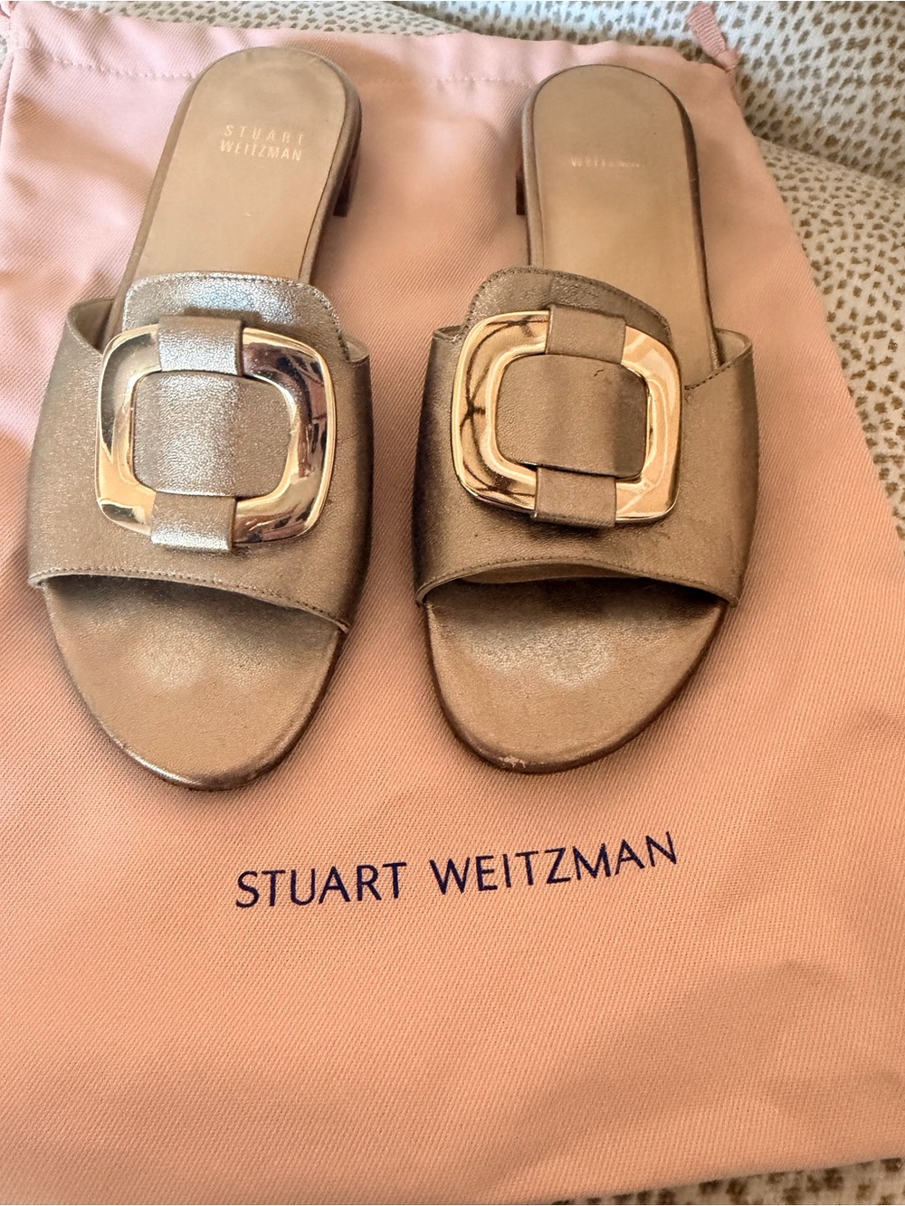 Stuart Weitzman Rose Gold Slide Mules with Decorative Buckle